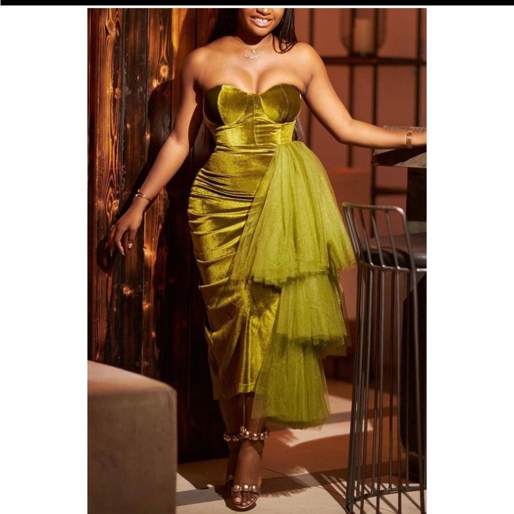 Olive green strapless dress.